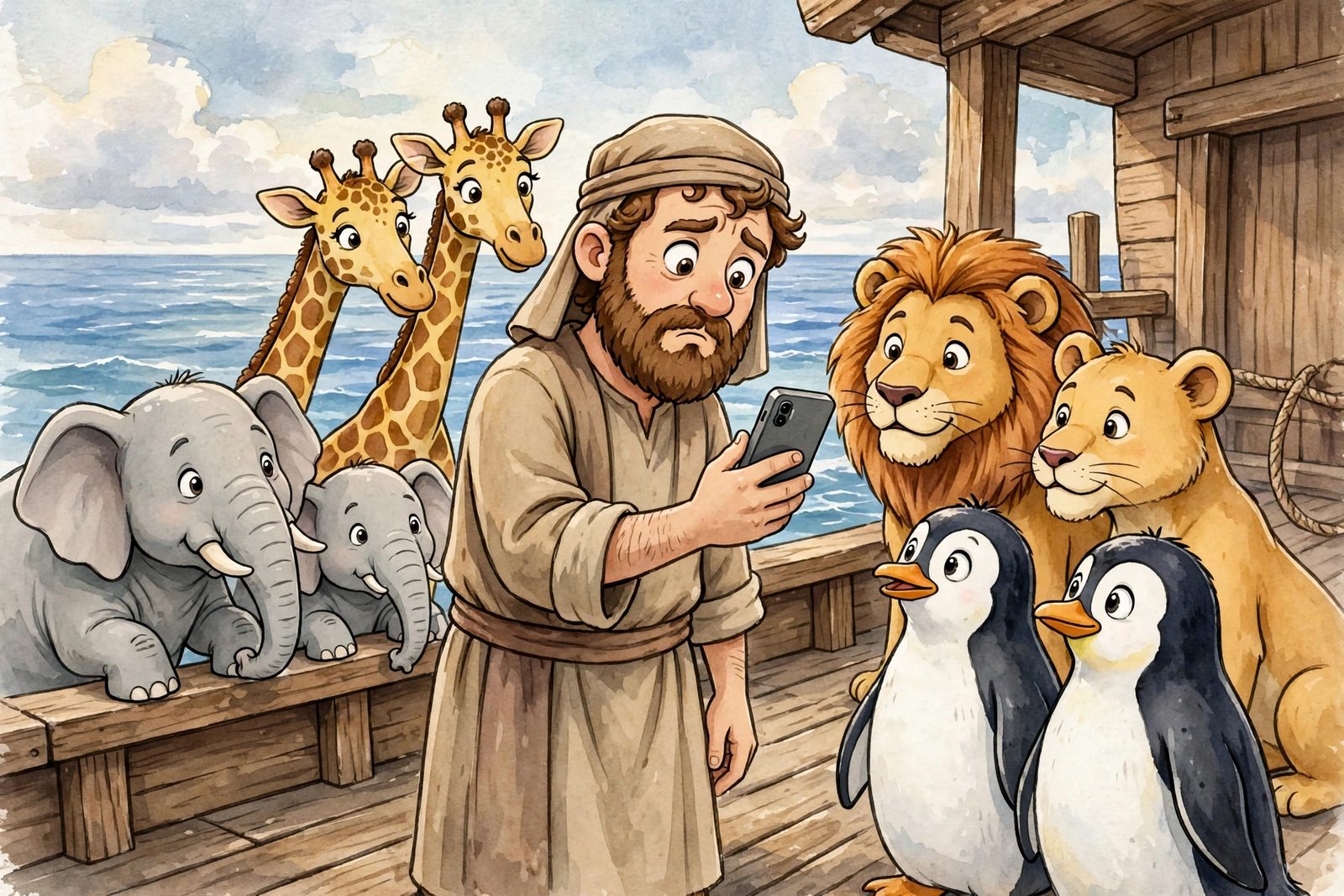 Noah on the ark staring at a smartphone in confusion while the animals gather around